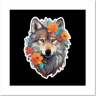 Colorful Wolf With Flowers Posters and Art